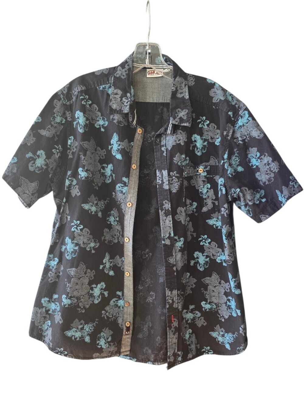 Ron Jon Black Shirt with Blue Floral Highlights Size Large